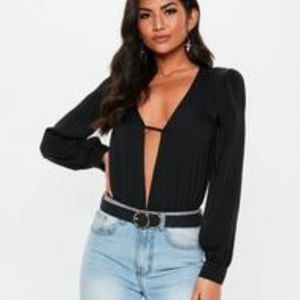 Missguided Black Satin Long Sleeve Plunge Bodysuit